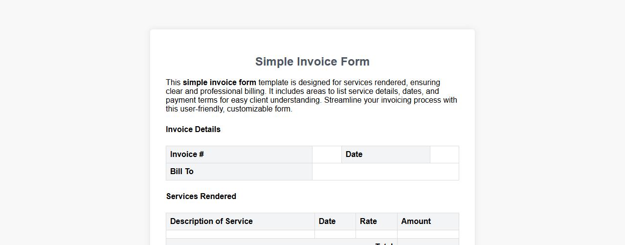 Simple invoice form sample for services rendered image preview