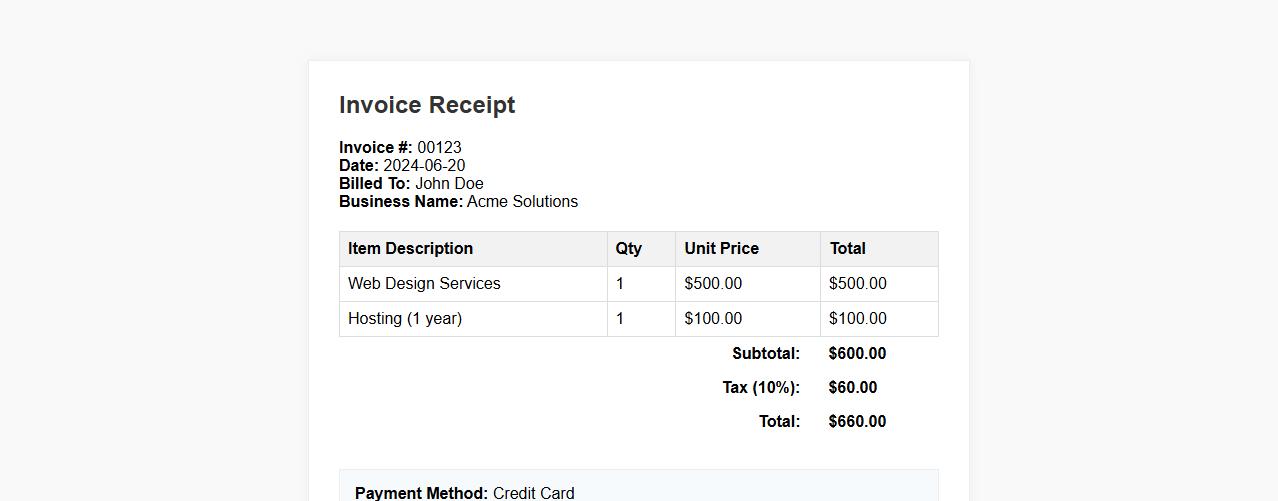 Simple invoice receipt template with payment details image preview