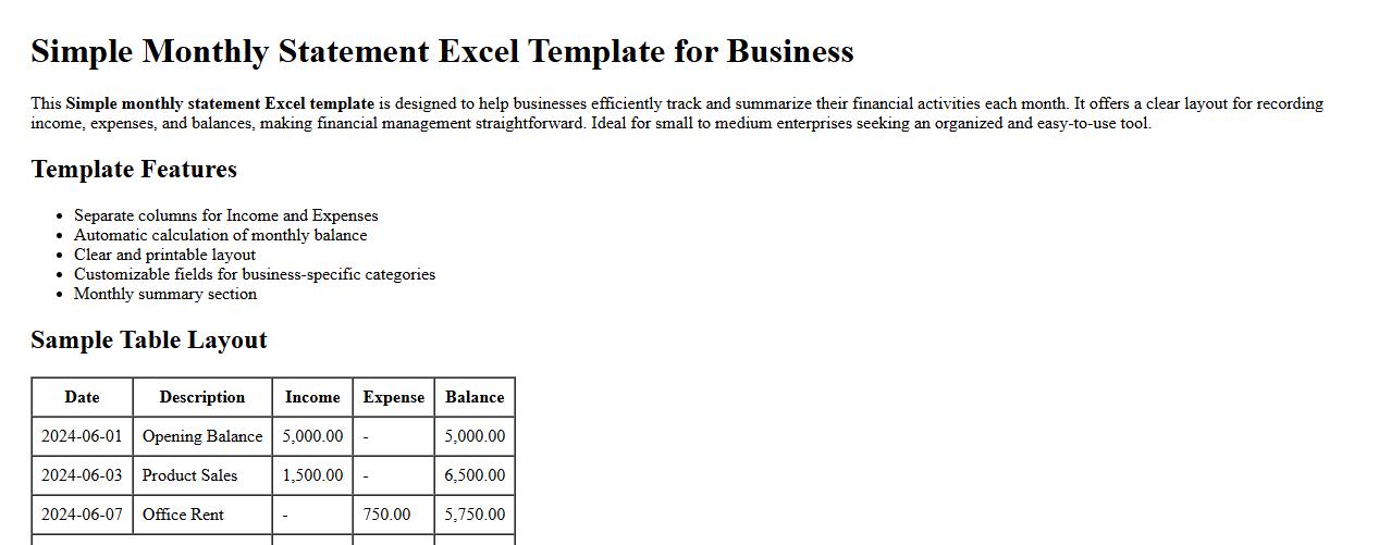 Simple monthly statement excel template for business image preview
