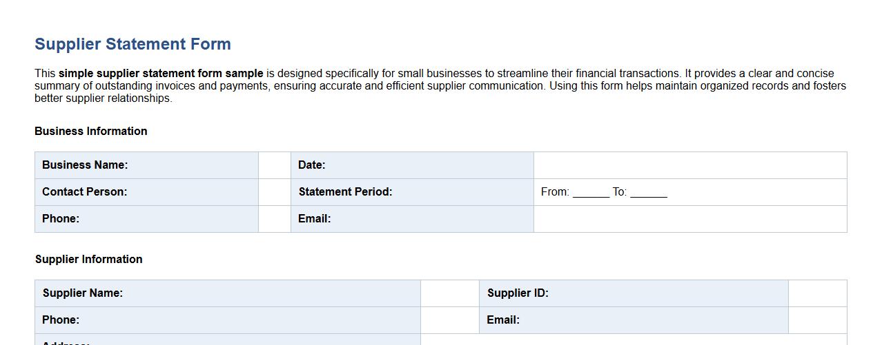 simple supplier statement form sample for small business image preview
