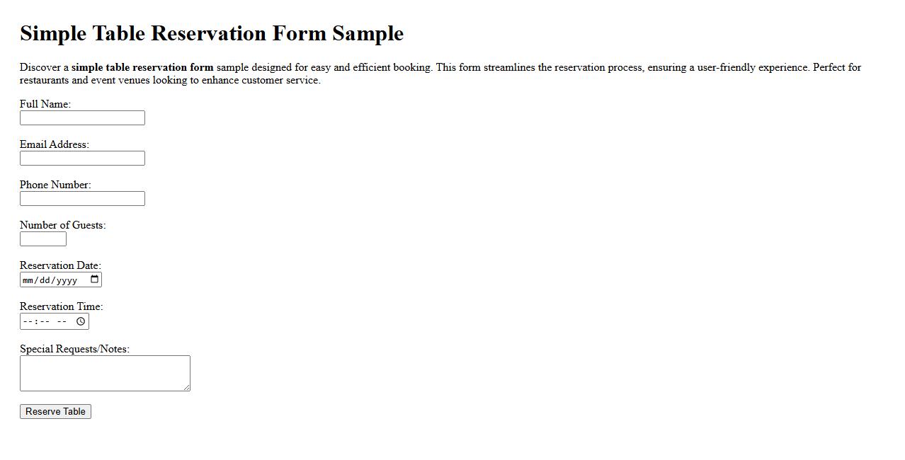 Simple table reservation form sample image preview