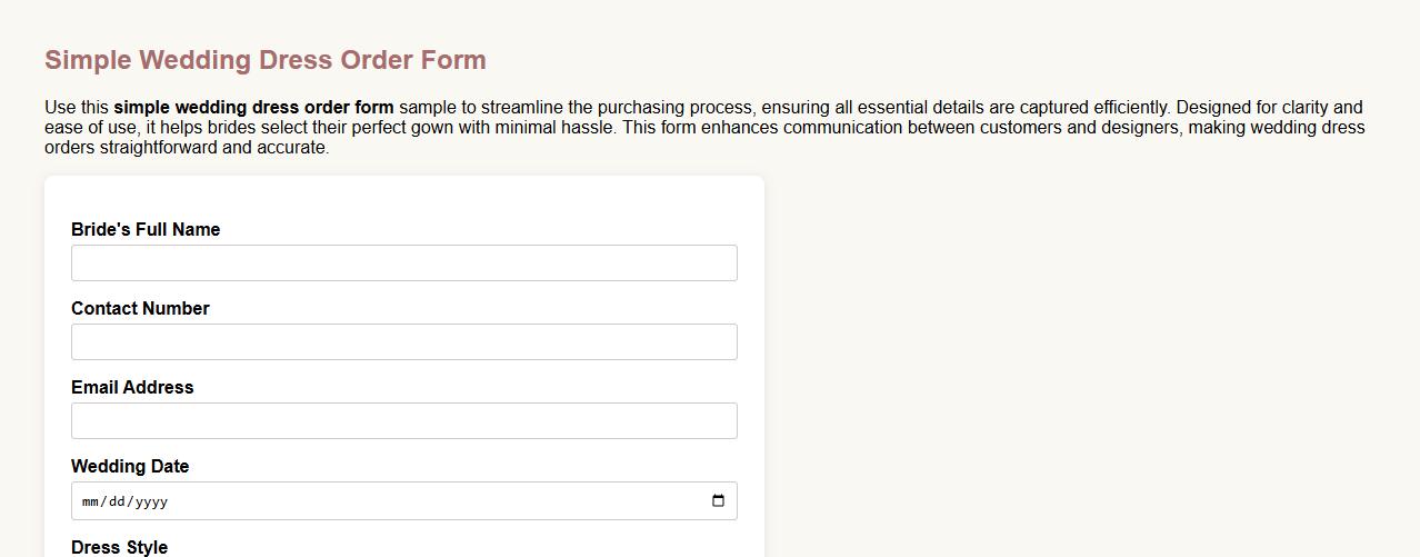simple wedding dress order form sample image preview