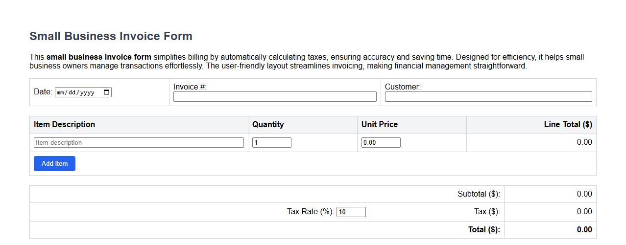 small business invoice form with tax calculation image preview