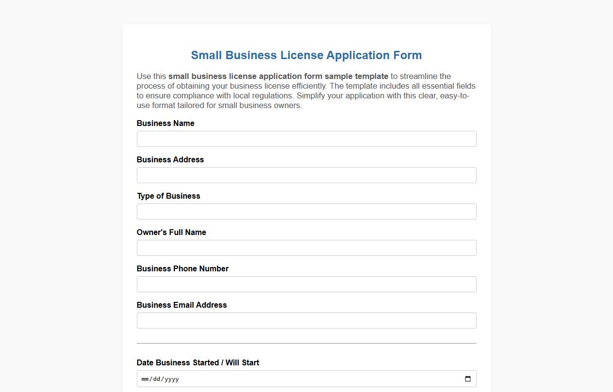 small business license application form sample template image preview