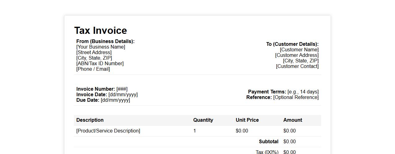 Small business tax invoice form sample template image preview