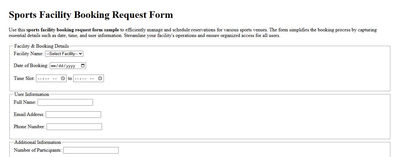 Sports facility booking request form sample image preview