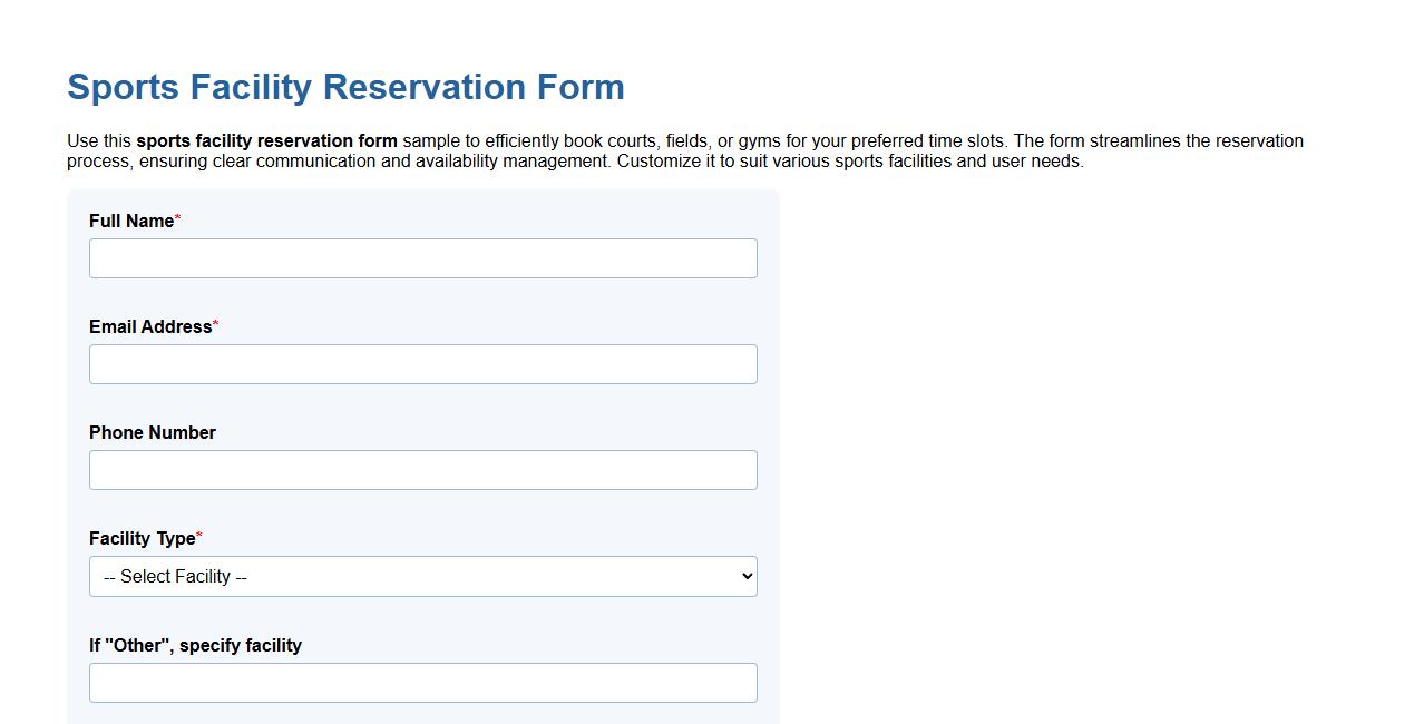 sports facility reservation form sample image preview