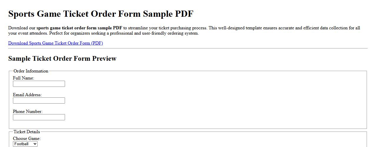 Sports game ticket order form sample PDF image preview