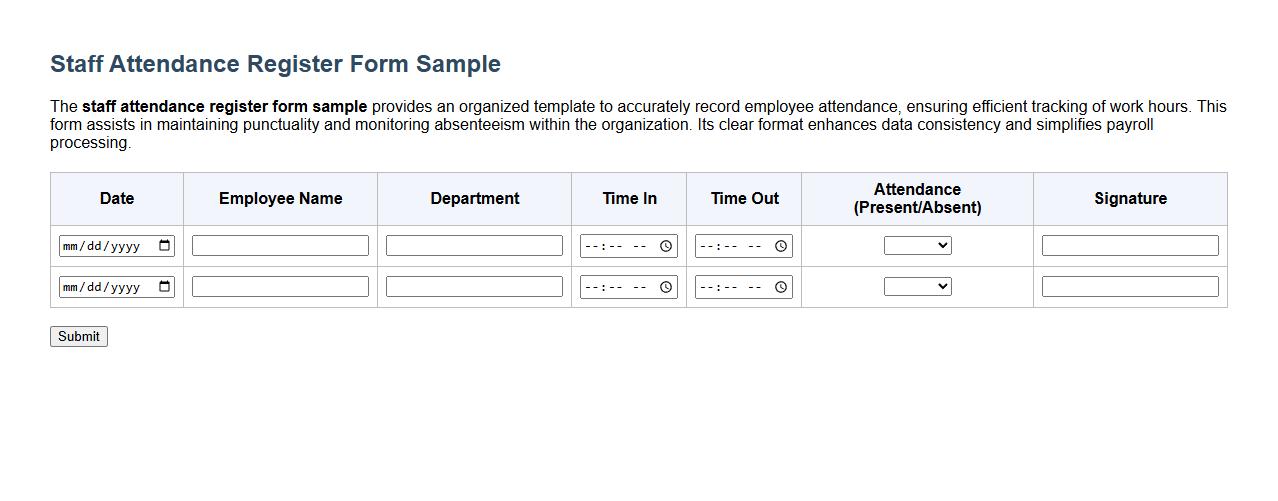staff attendance register form sample image preview