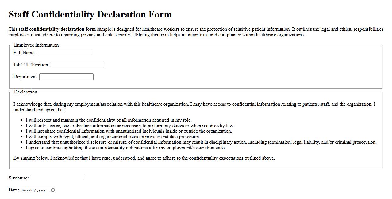 Staff confidentiality declaration form sample for healthcare workers image preview