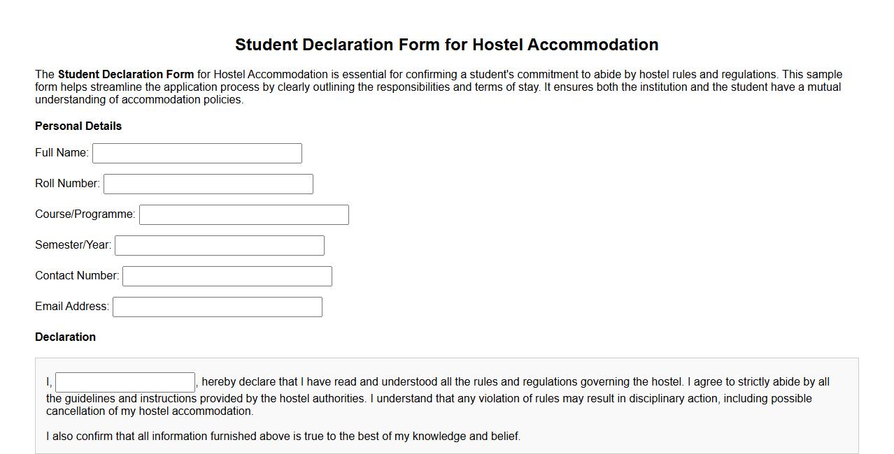 Student Declaration Form Sample for Hostel Accommodation image preview