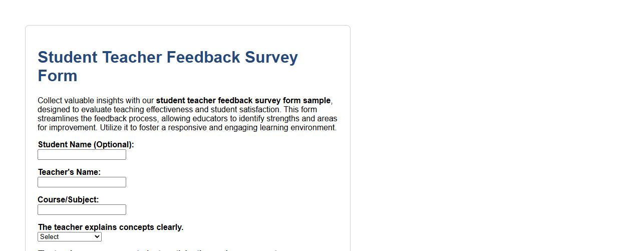 student teacher feedback survey form sample image preview