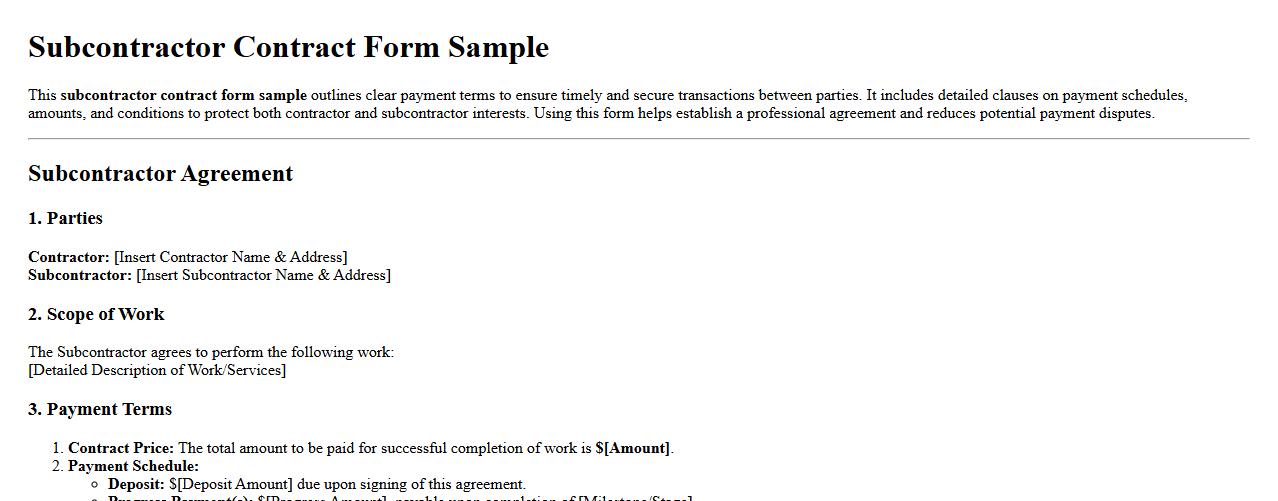 subcontractor contract form sample with payment terms image preview