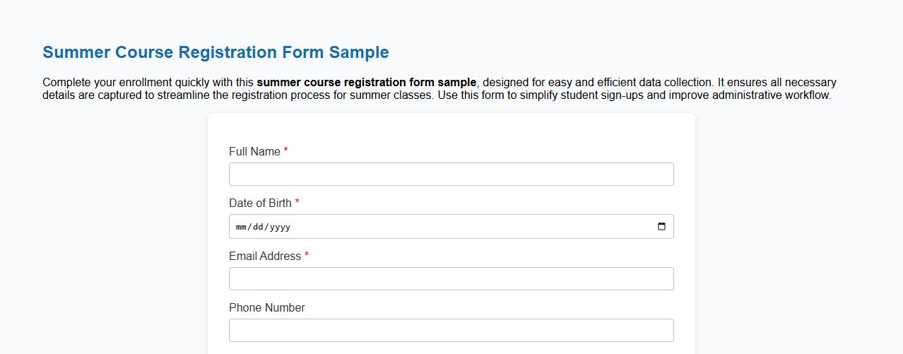summer course registration form sample image preview