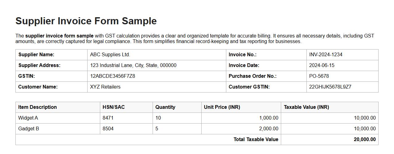 supplier invoice form sample with GST calculation image preview
