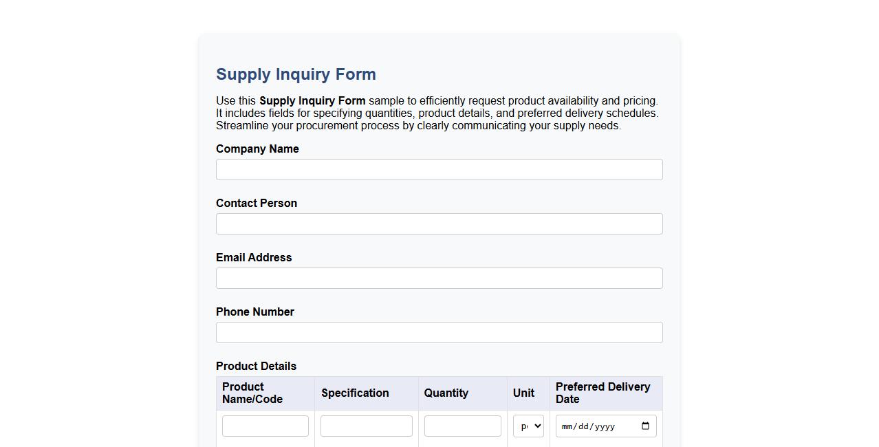 Supply inquiry form sample including delivery schedule image preview