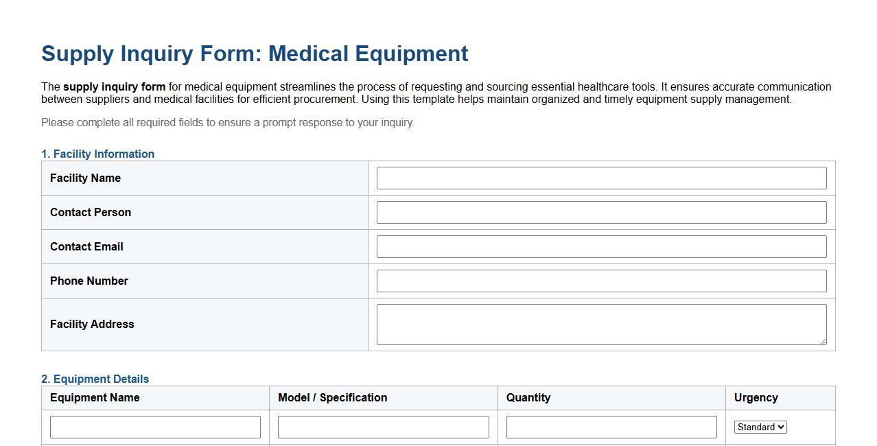 Supply inquiry form sample for medical equipment image preview