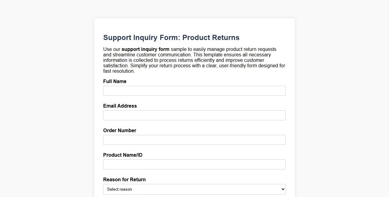 support inquiry form sample for product returns image preview