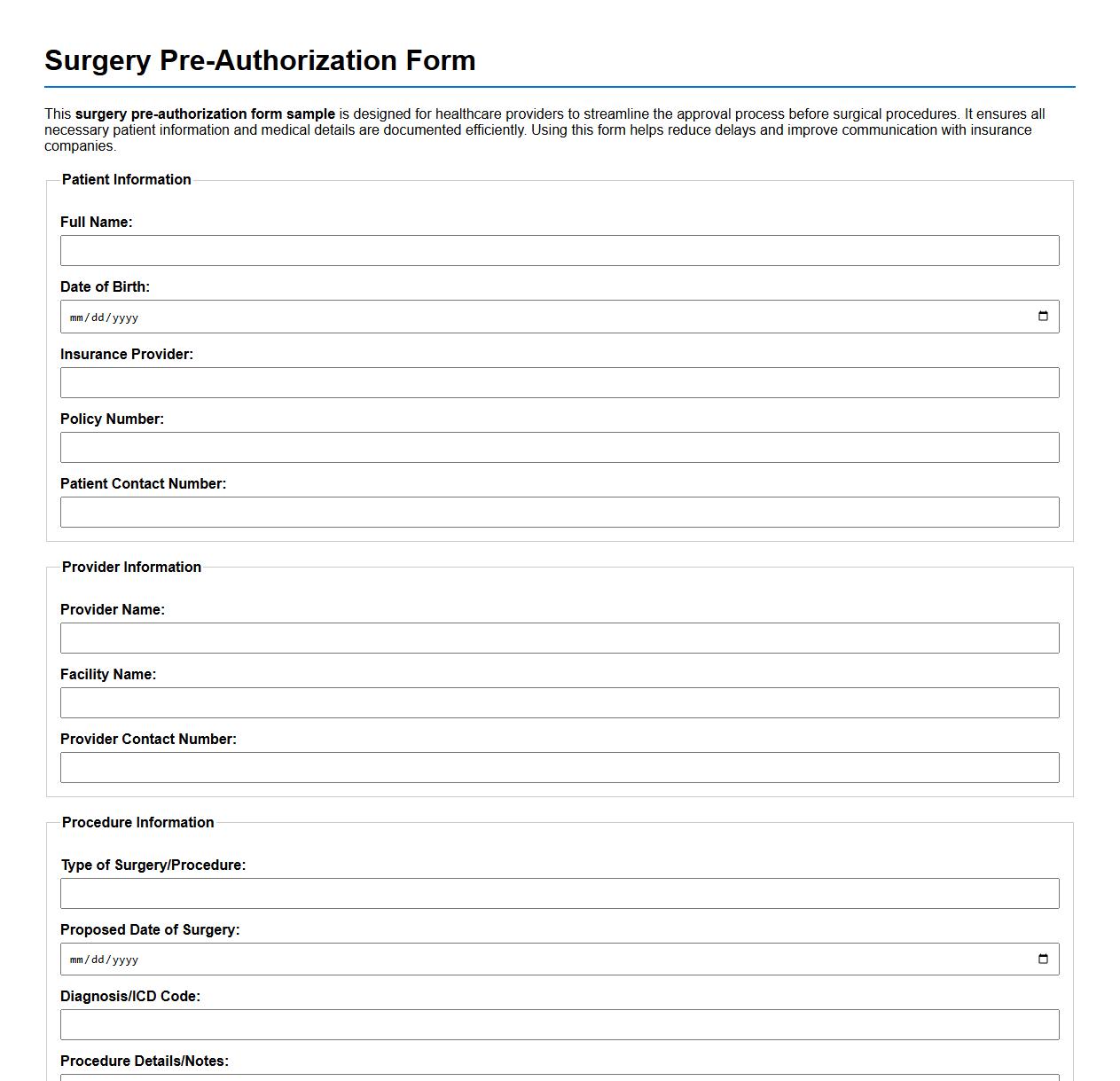 surgery pre-authorization form sample for healthcare providers image preview