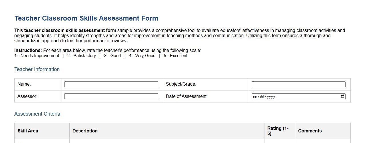 teacher classroom skills assessment form sample image preview