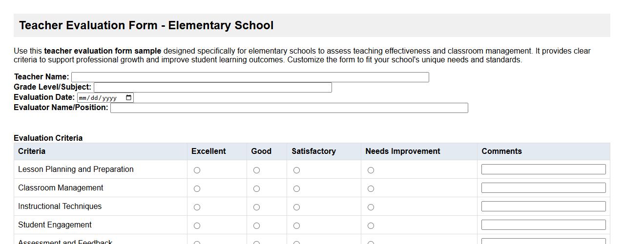Teacher evaluation form sample for elementary school image preview