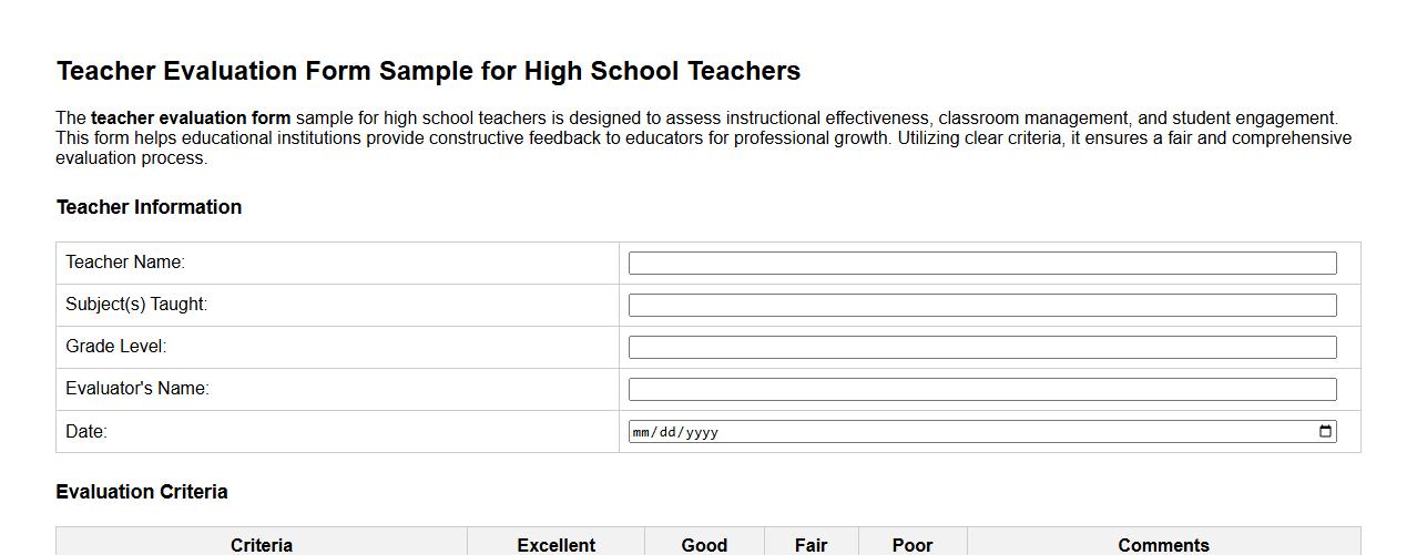 Teacher evaluation form sample for high school teachers image preview