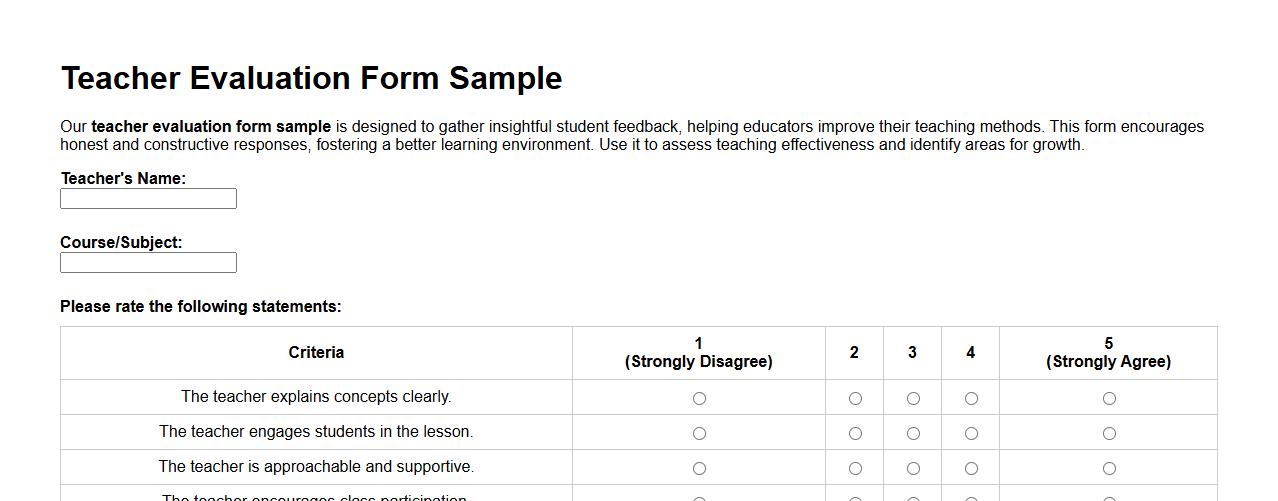 Teacher evaluation form sample for student feedback image preview