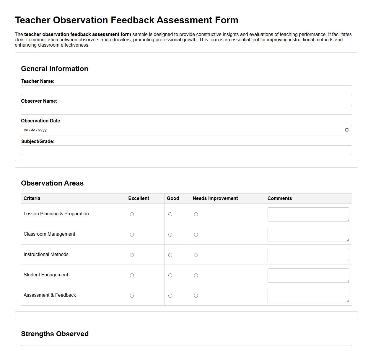 teacher observation feedback assessment form sample image preview