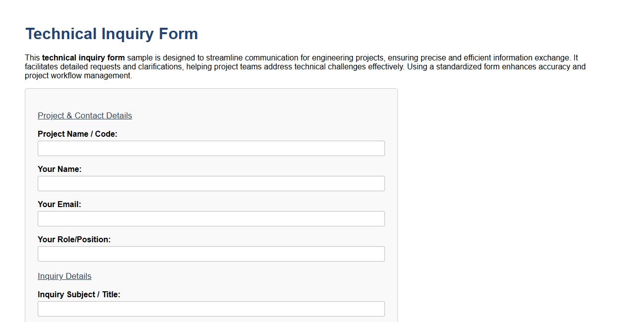 Technical inquiry form sample for engineering projects image preview