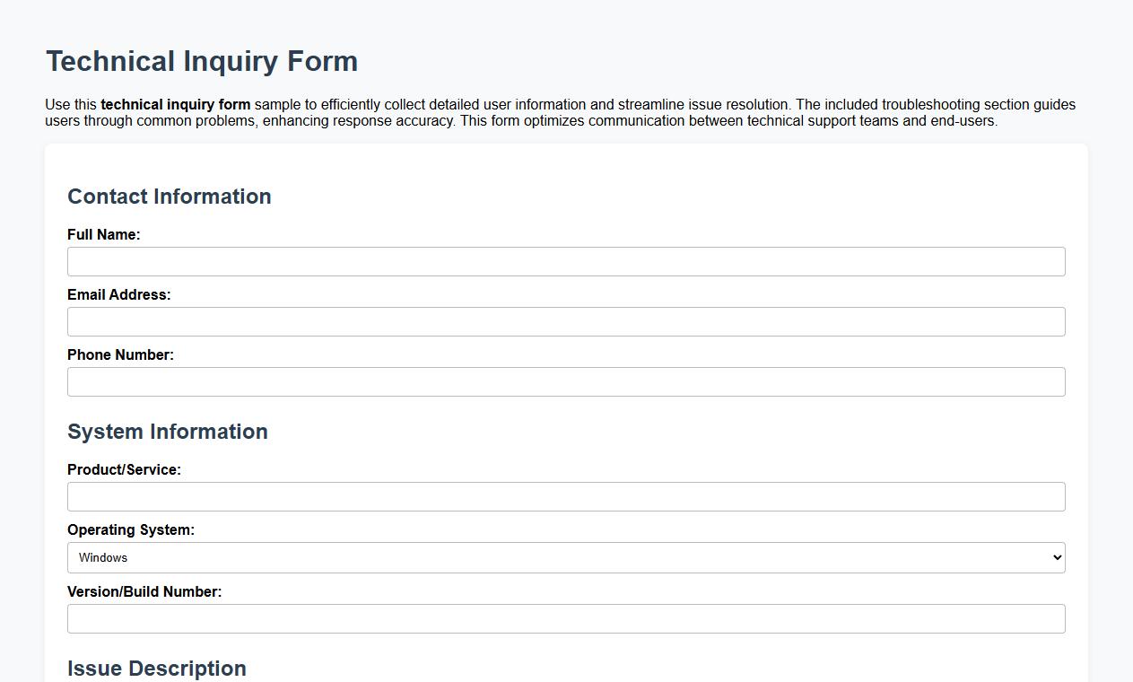 Technical inquiry form sample with troubleshooting section image preview