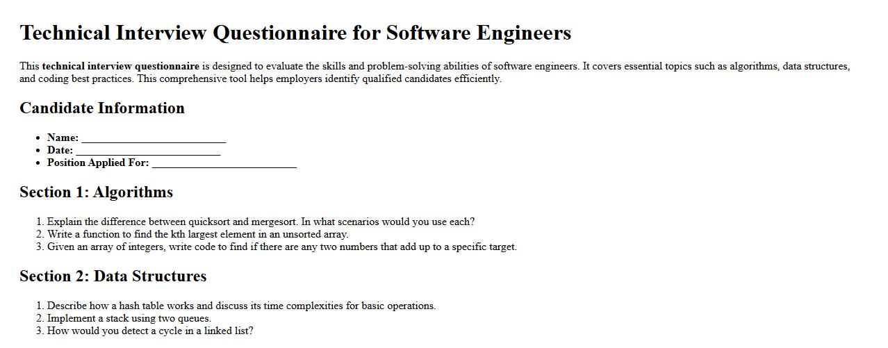 Technical interview questionnaire for software engineers image preview