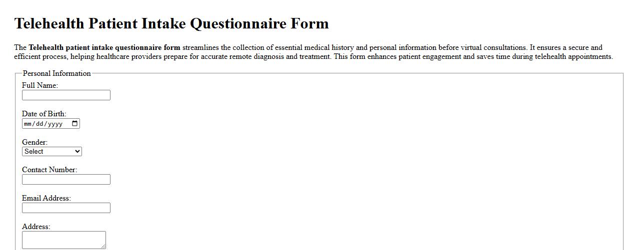 Telehealth patient intake questionnaire form image preview