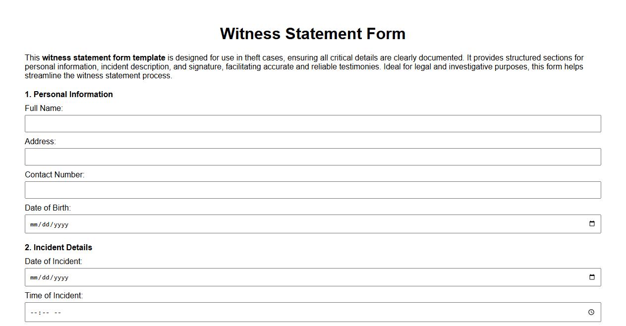 Template for witness statement form in theft case image preview