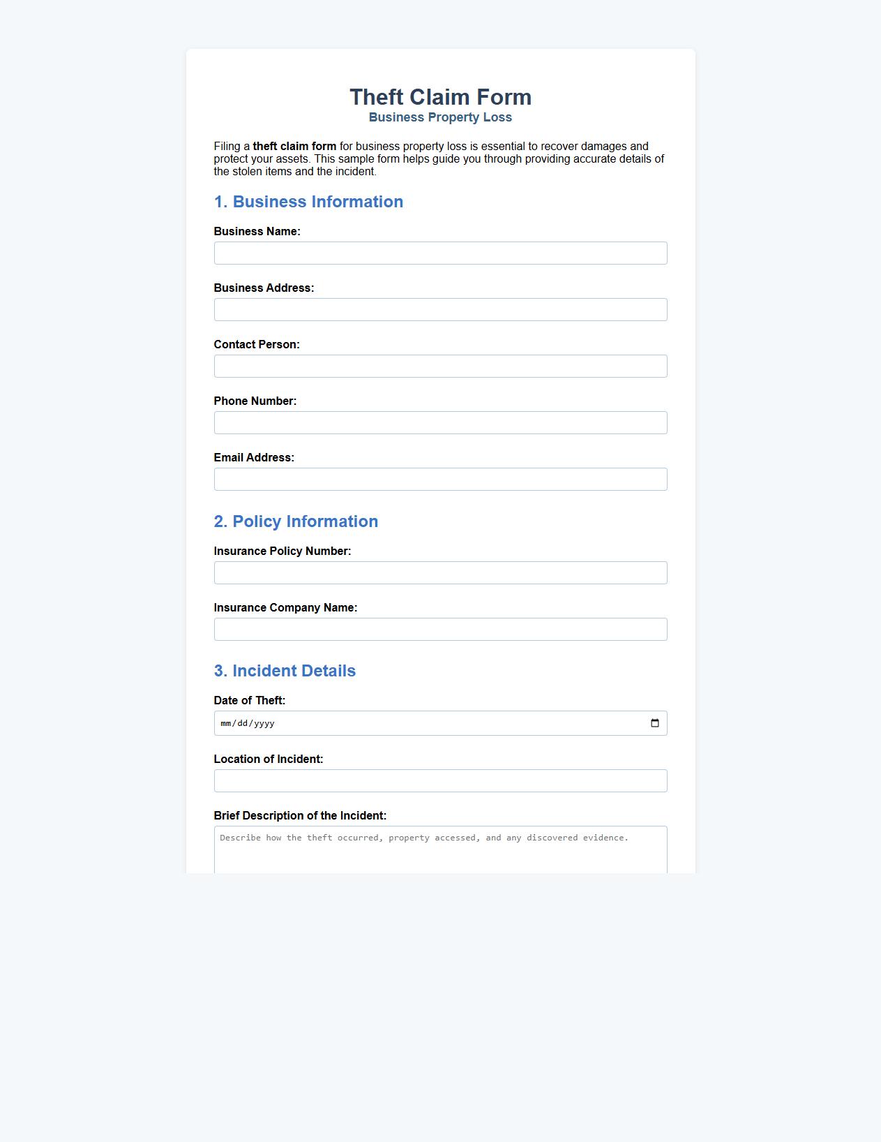 theft claim form sample for business property loss image preview