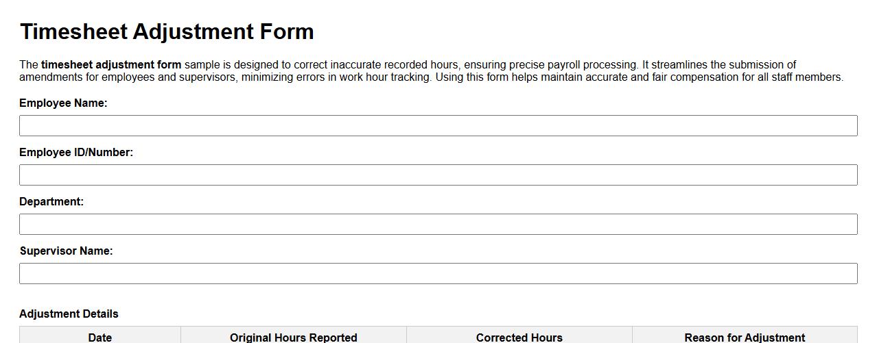 Timesheet adjustment form sample for incorrect hours image preview
