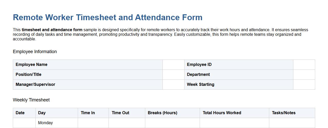 Timesheet and attendance form sample for remote workers image preview