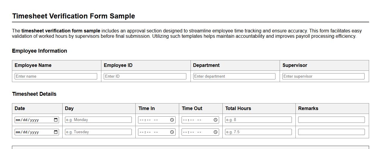 timesheet verification form sample with approval section image preview