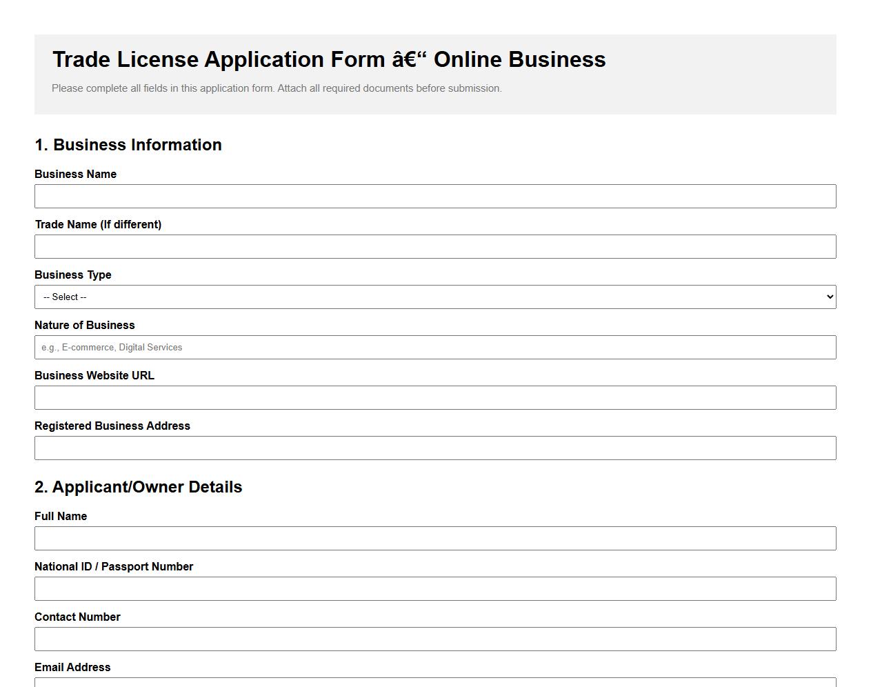 trade license application form sample for online business image preview