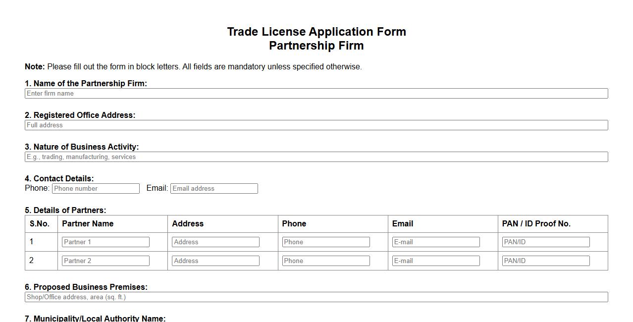 trade license application form sample for partnership firm image preview