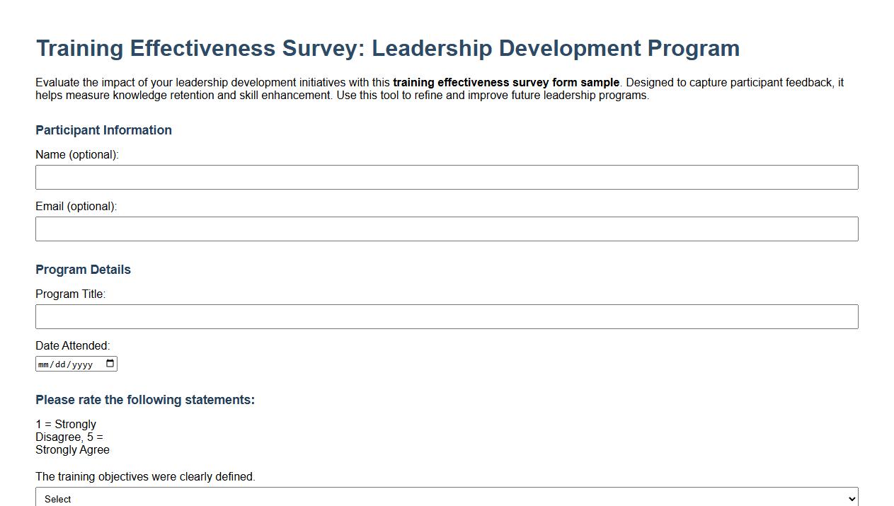 Training effectiveness survey form sample for leadership development programs image preview
