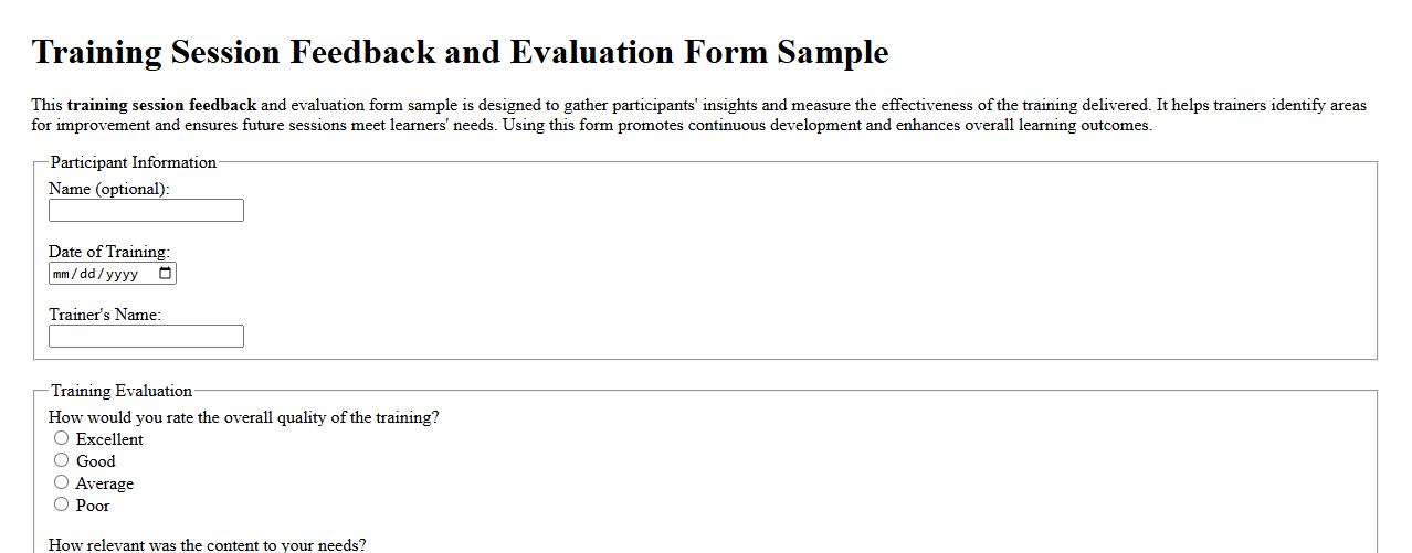 Training session feedback and evaluation form sample image preview