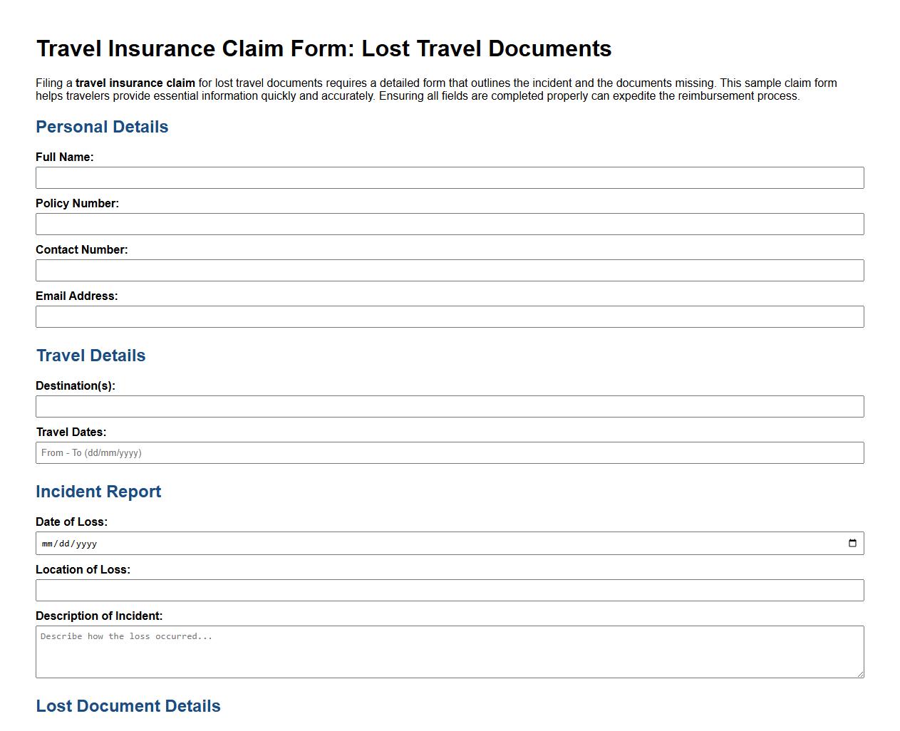 Travel insurance claim form sample for travel documents loss image preview