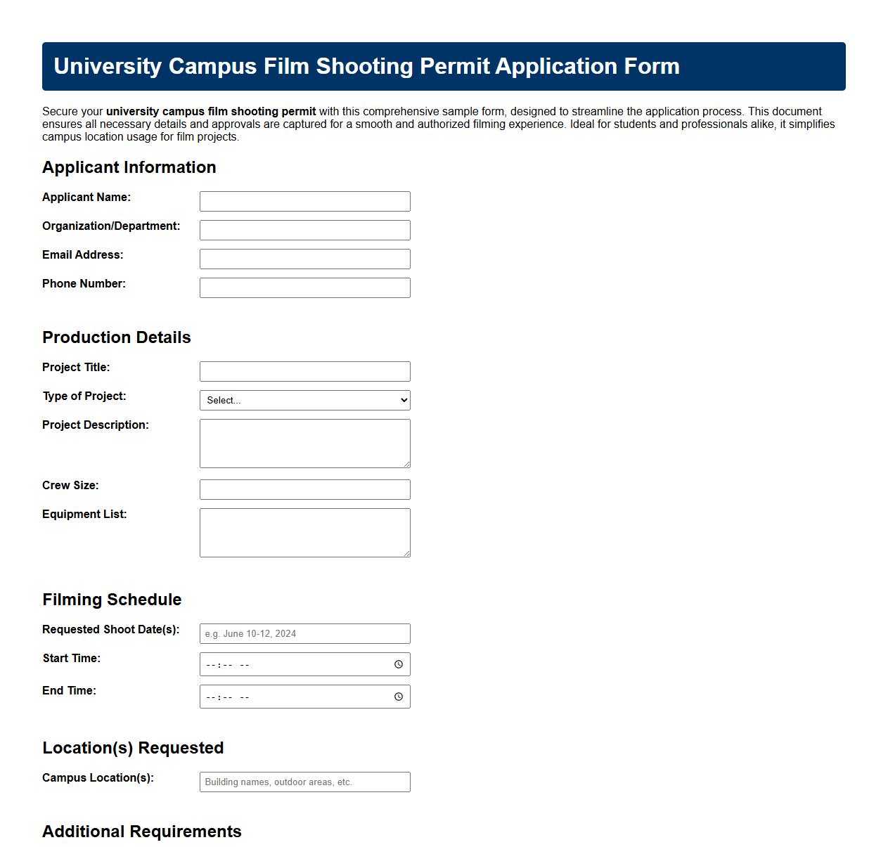 university campus film shooting permit form sample image preview