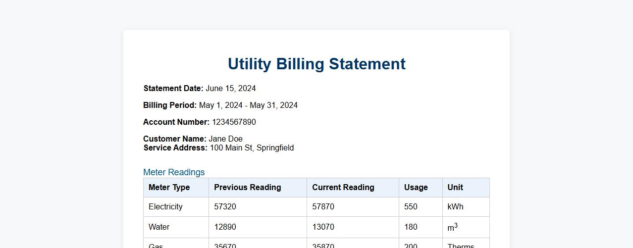 Utility billing statement form sample with usage breakdown image preview