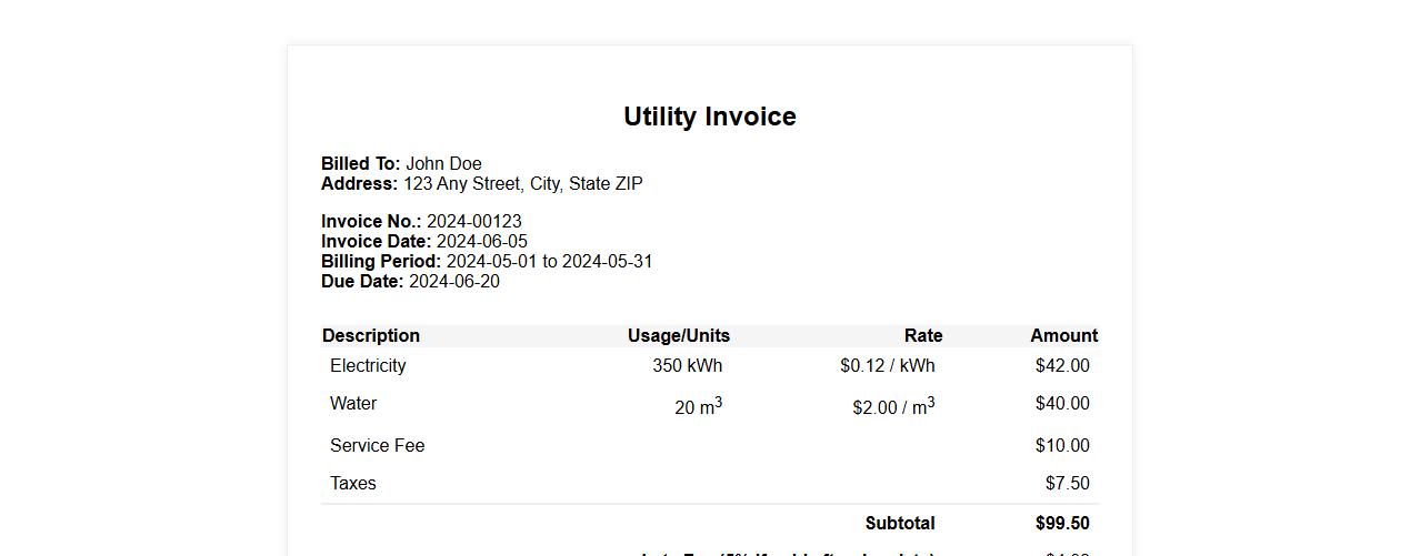 Utility invoice sample with late fee calculation image preview