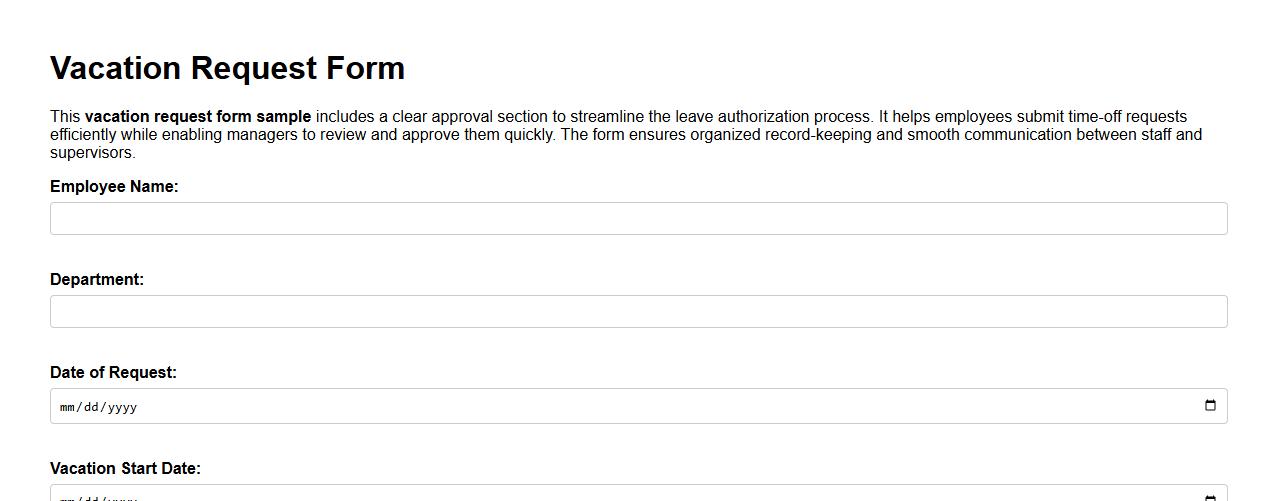 Vacation request form sample with approval section image preview