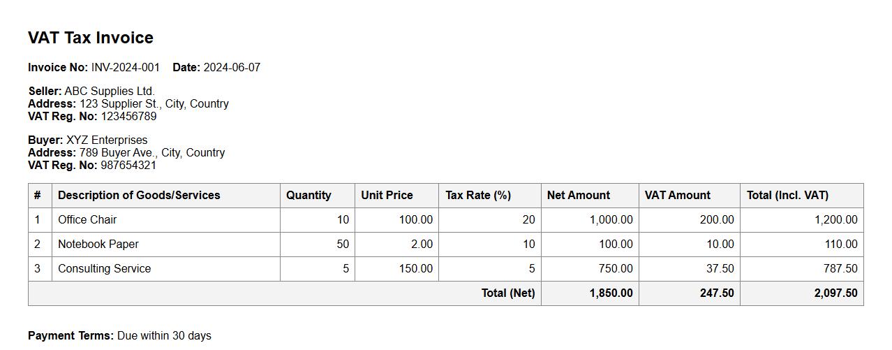 VAT tax invoice form sample with multiple tax rates image preview