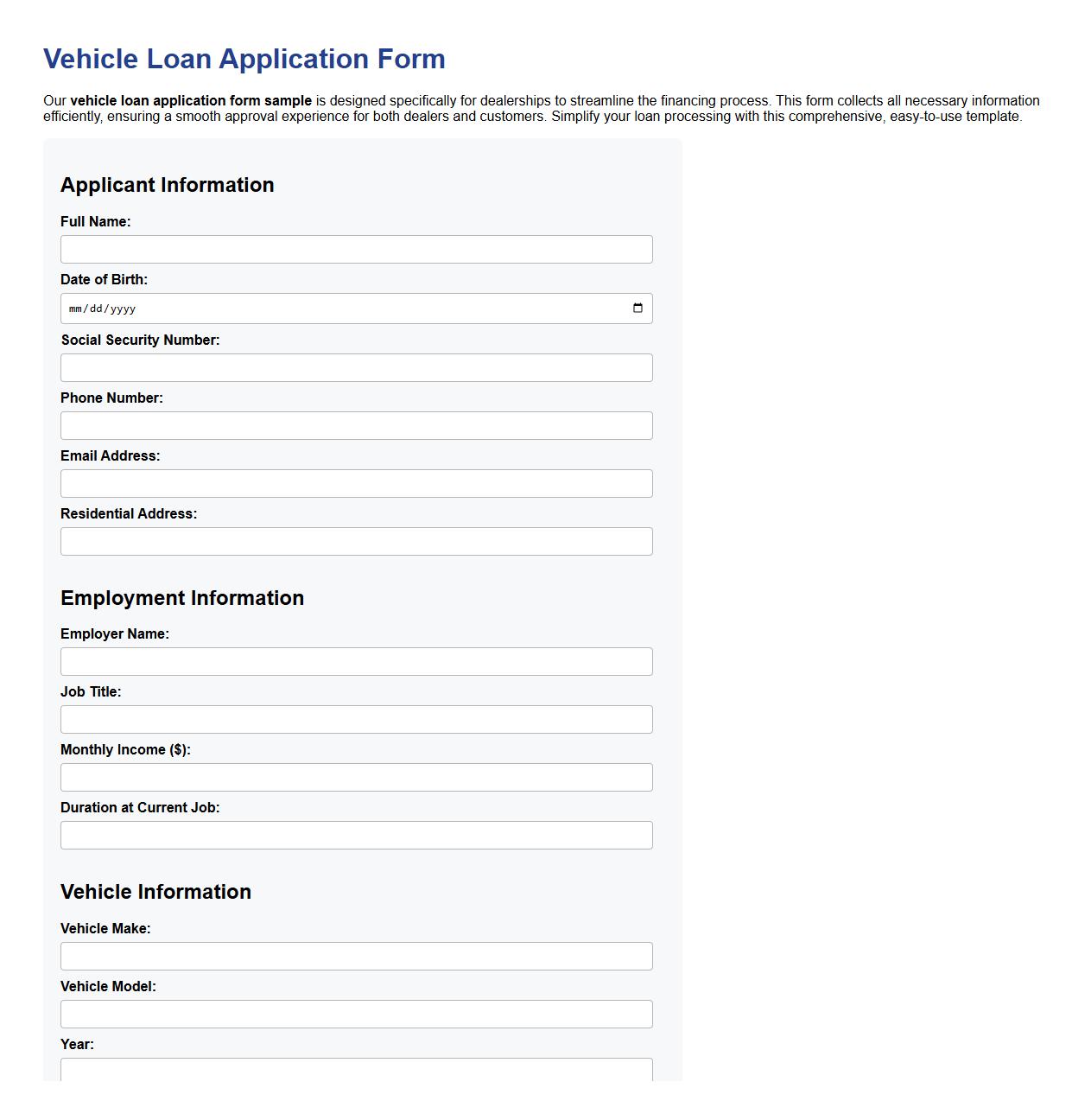 Vehicle loan application form sample for dealership image preview