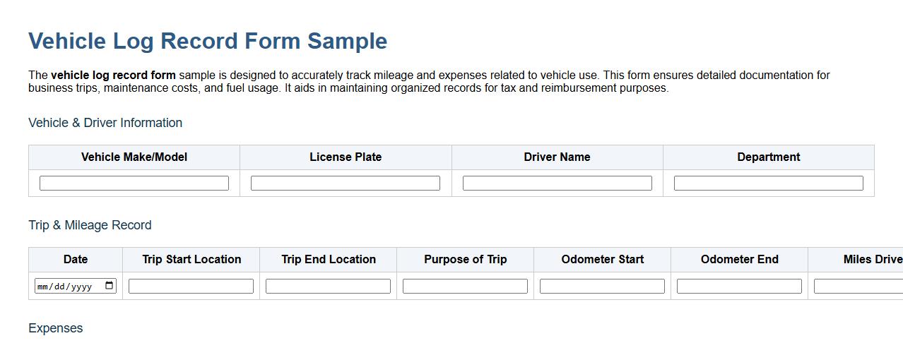 vehicle log record form sample including mileage and expenses image preview