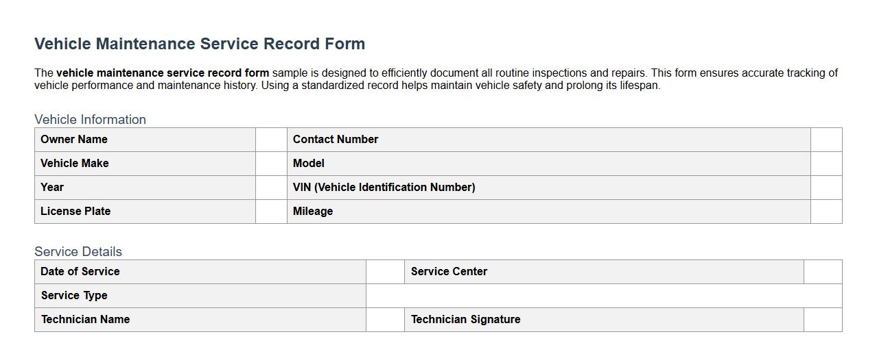 vehicle maintenance service record form sample image preview